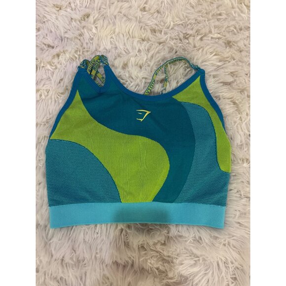 Gymshark Womens Strappy Back Sports Bra Teal & Neon Green xs Activewear - Picture 1 of 8